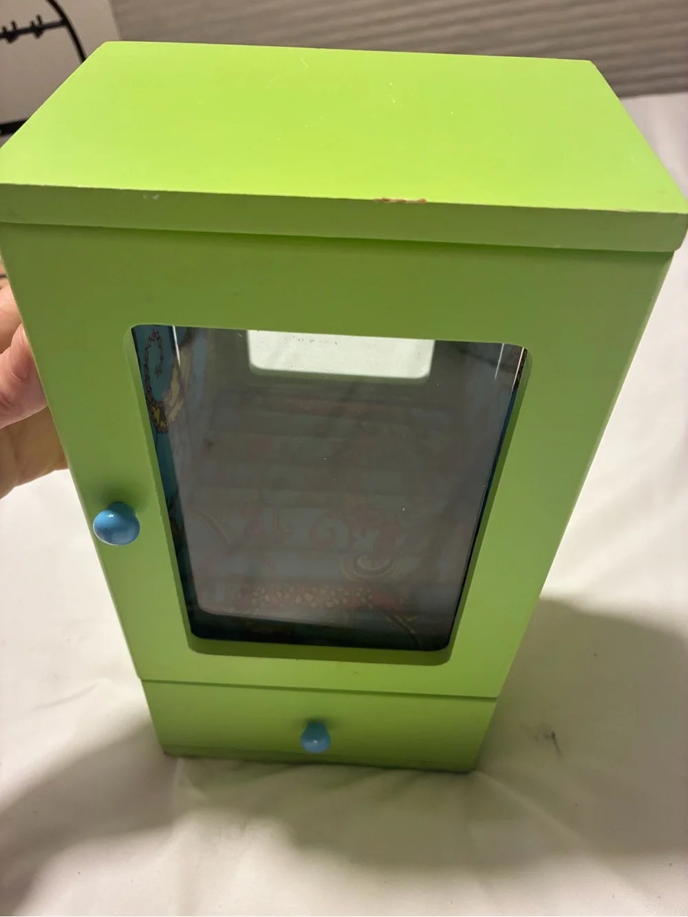 Retro Lime Green Jewelry Armoire with Drawer and Mirror